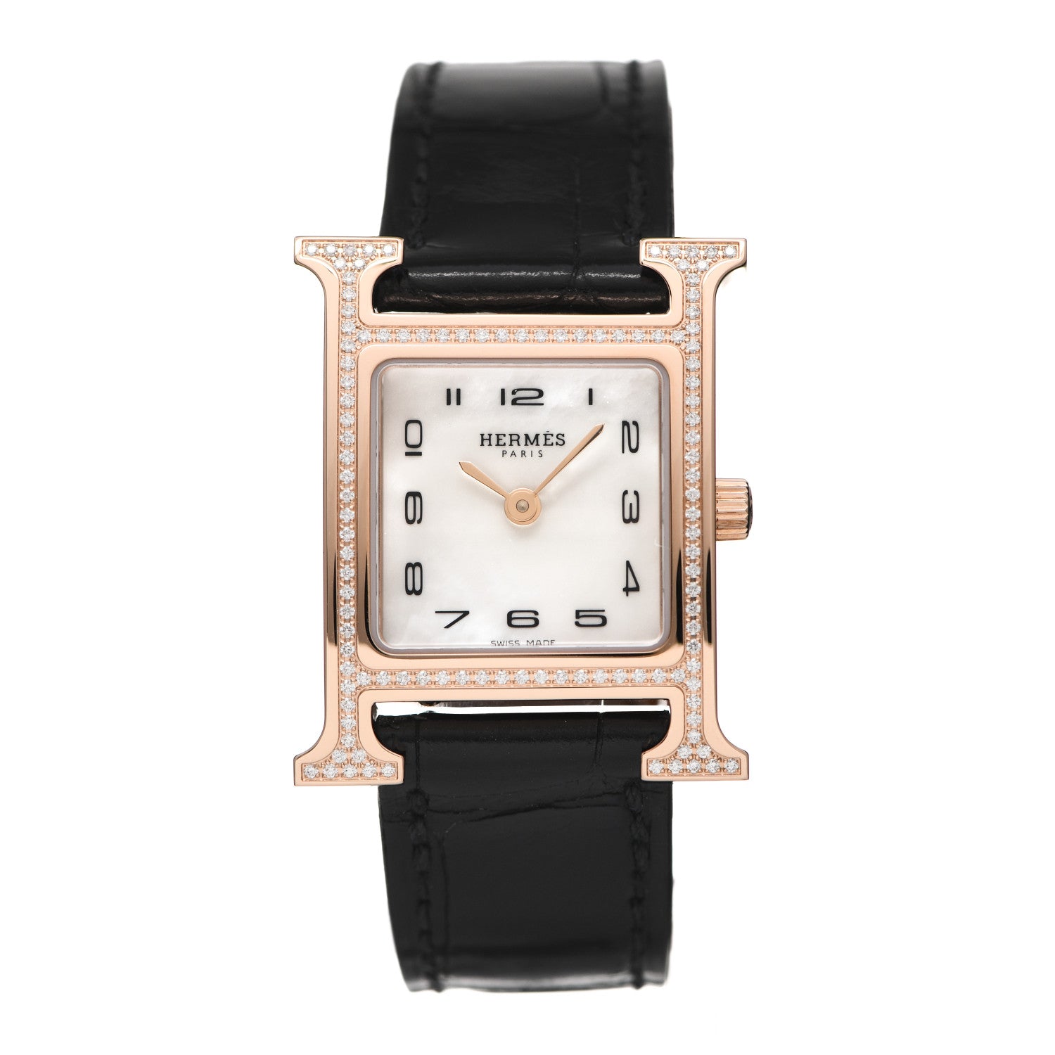 Hermes 18K Rose Gold Alligator Diamond Bezel Mother of Pearl 21mm Heure H Hour Quartz Watch Noir 1 of 5