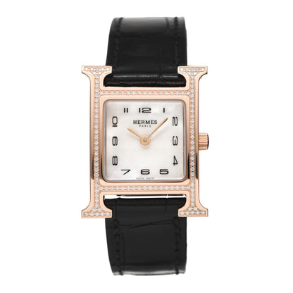 Hermes 18K Rose Gold Alligator Diamond Bezel Mother of Pearl 21mm Heure H Hour Quartz Watch Noir 1 of 5