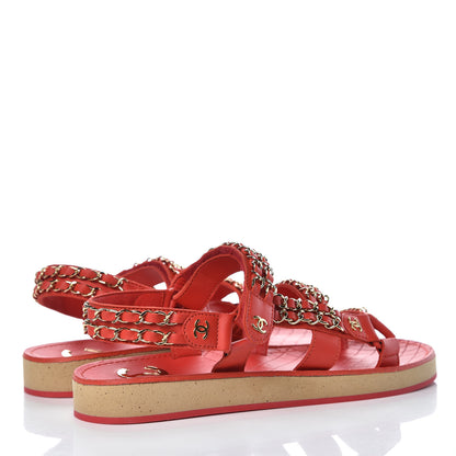Chanel Calfskin Chain Flat Sandals 36.5 Red 4 of 9