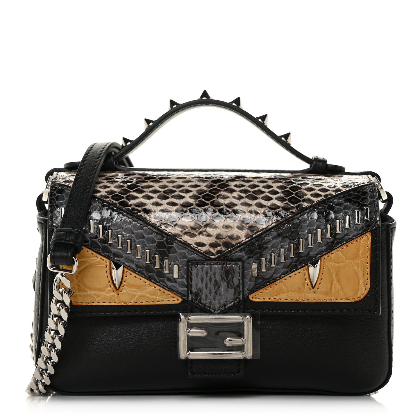 Calfskin Elaphe Crocodile Monster Studded Micro Double Baguette Black Grigio Polvere