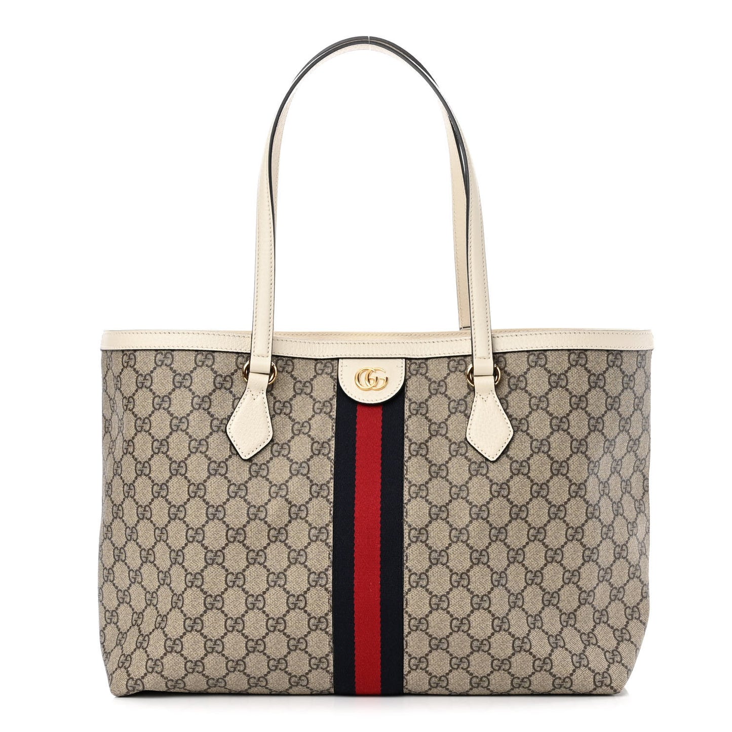 GG Supreme Monogram Textured Dollar Calfskin Web Medium Ophidia Shopping Tote Beige Ebony Mystic White