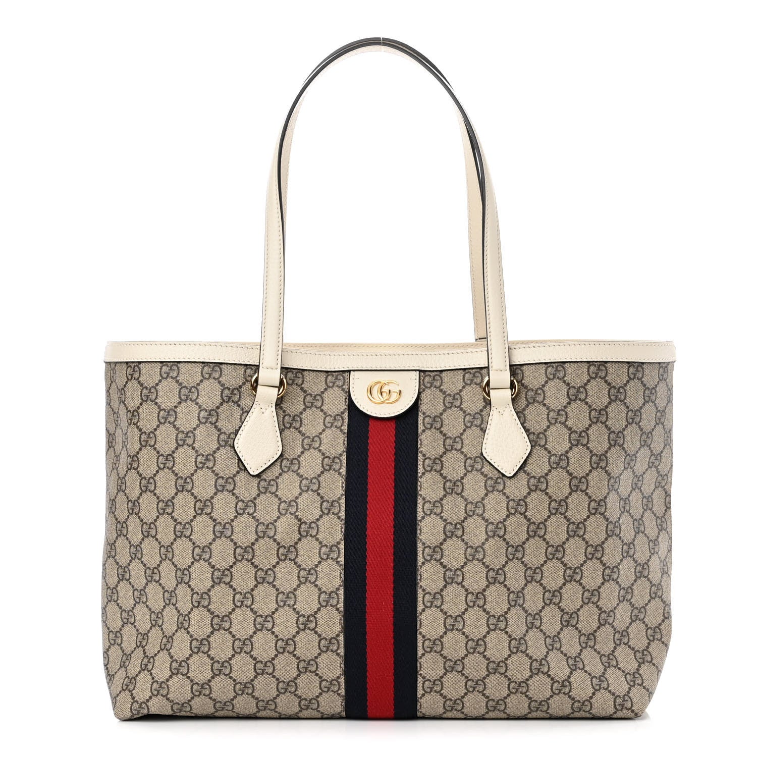 Gucci GG Supreme Monogram Textured Dollar Calfskin Web Medium Ophidia Shopping Tote Beige Ebony Mystic White 1 of 10