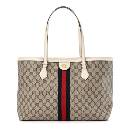 Gucci GG Supreme Monogram Textured Dollar Calfskin Web Medium Ophidia Shopping Tote Beige Ebony Mystic White 1 of 10
