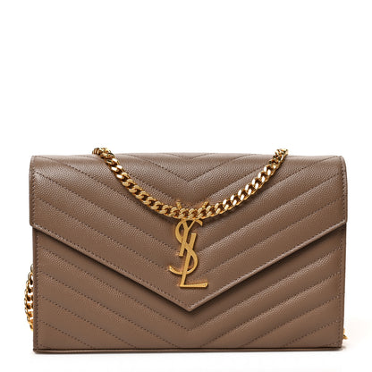 Saint Laurent Grain De Poudre Matelasse Chevron Monogram Chain Wallet Taupe 1 of 8