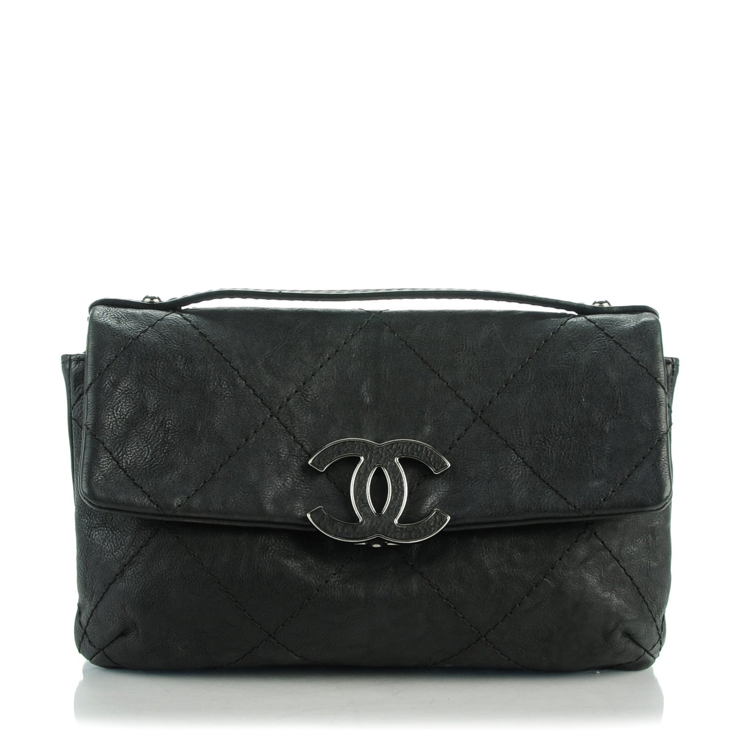 Washed Calfskin Diamond Stitch Hamptons Clutch With Chain Black