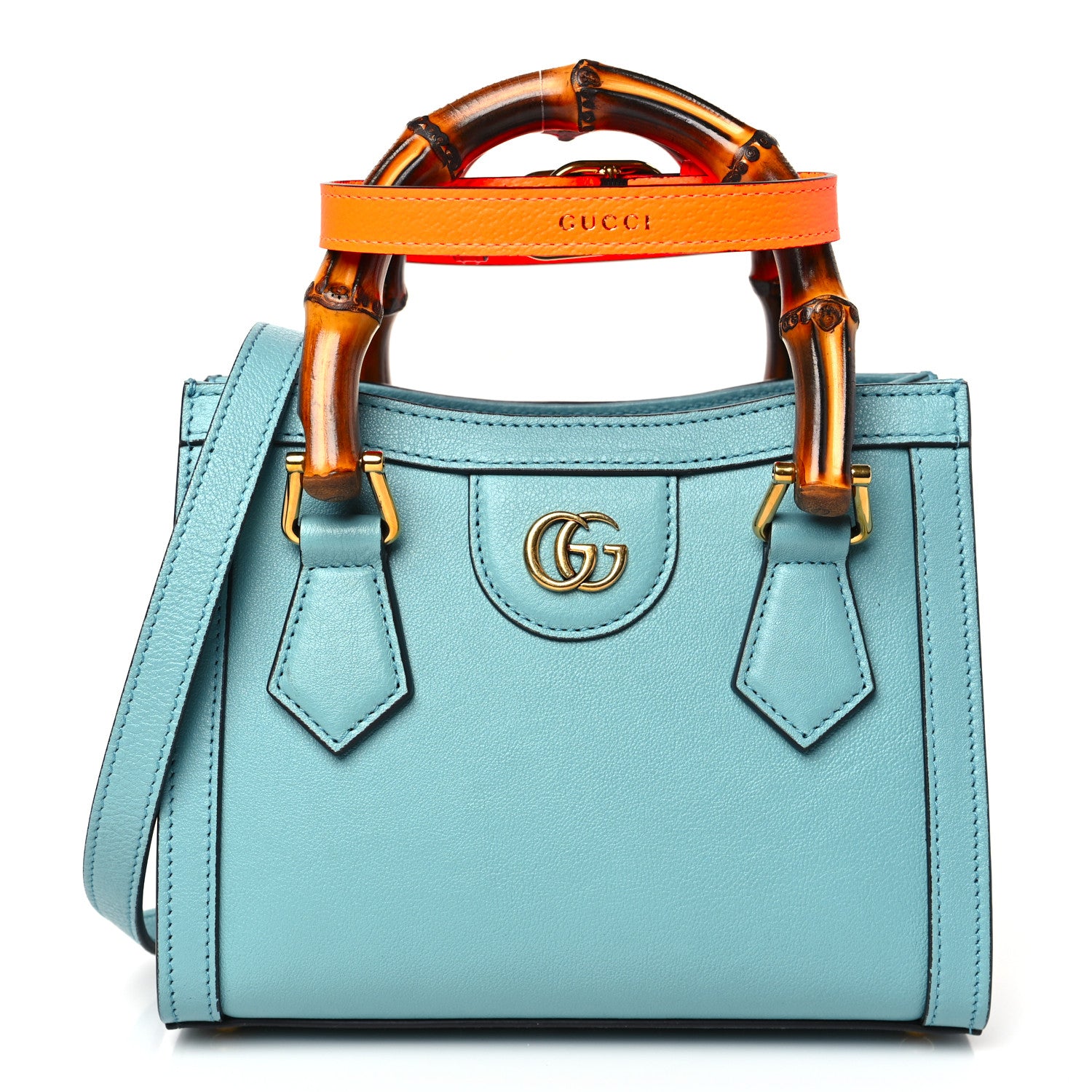 Gucci Wonka Grain Calfskin Mini Diana Tote Bag Dusty Azure Orange Fluo 1 of 9