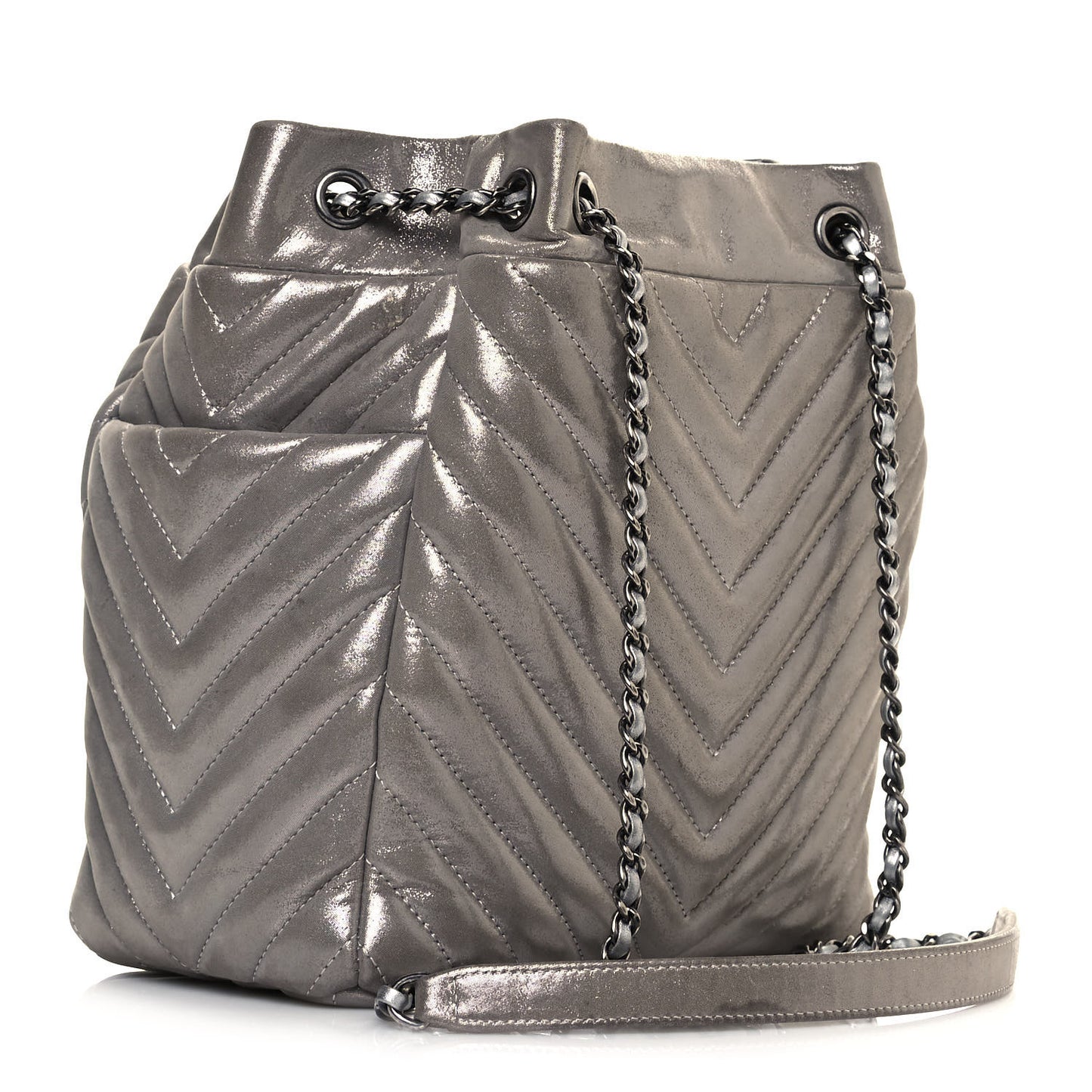 Iridescent Calfskin Chevron Small Urban Spirit Drawstring Bag Silver