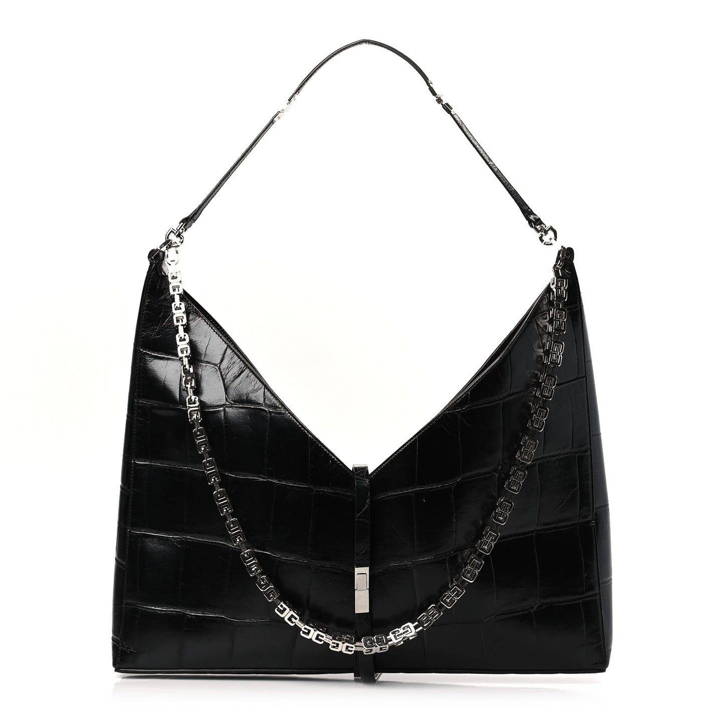 Calfskin Crocodile Embossed Large Cut Out Shoulder Bag Black