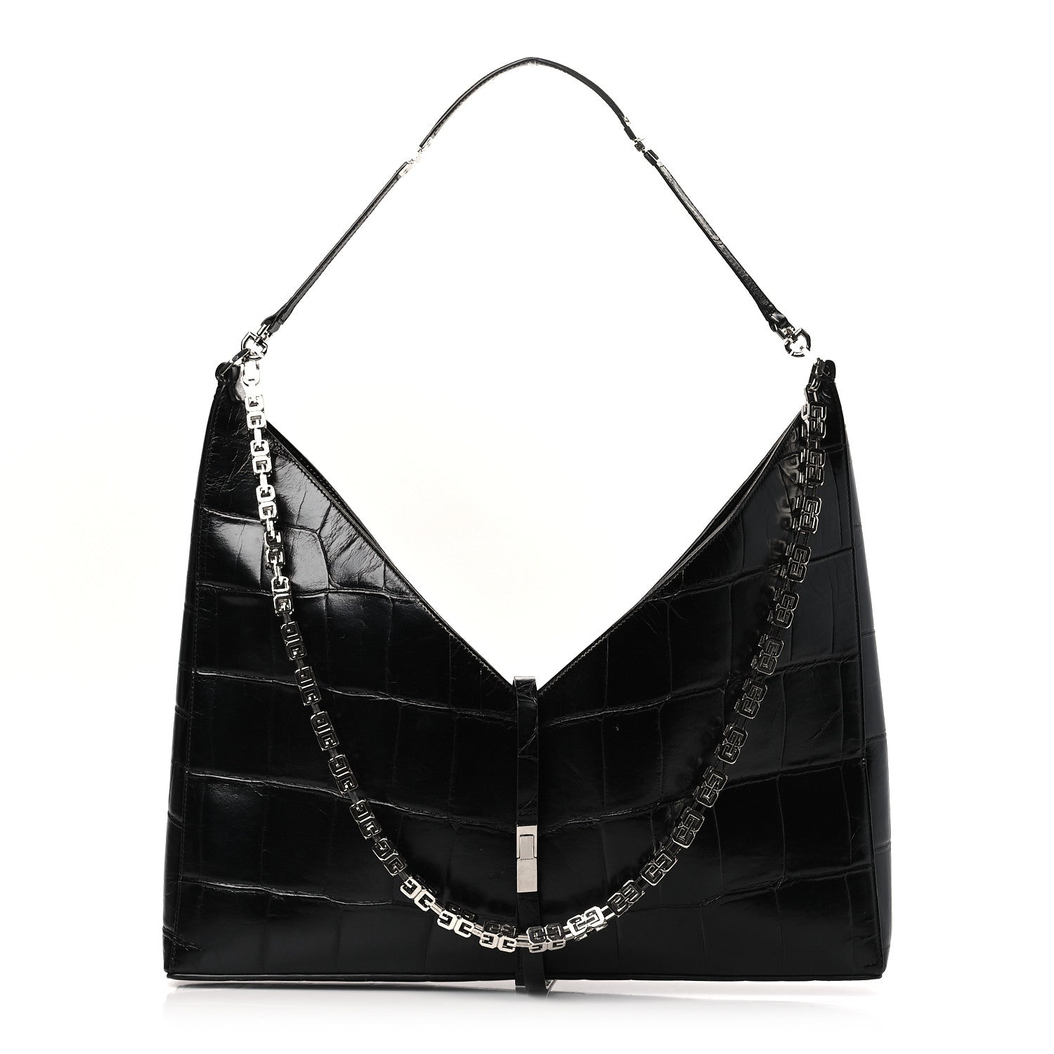 Givenchy Calfskin Crocodile Embossed Large Cut Out Shoulder Bag Black 1 of 8