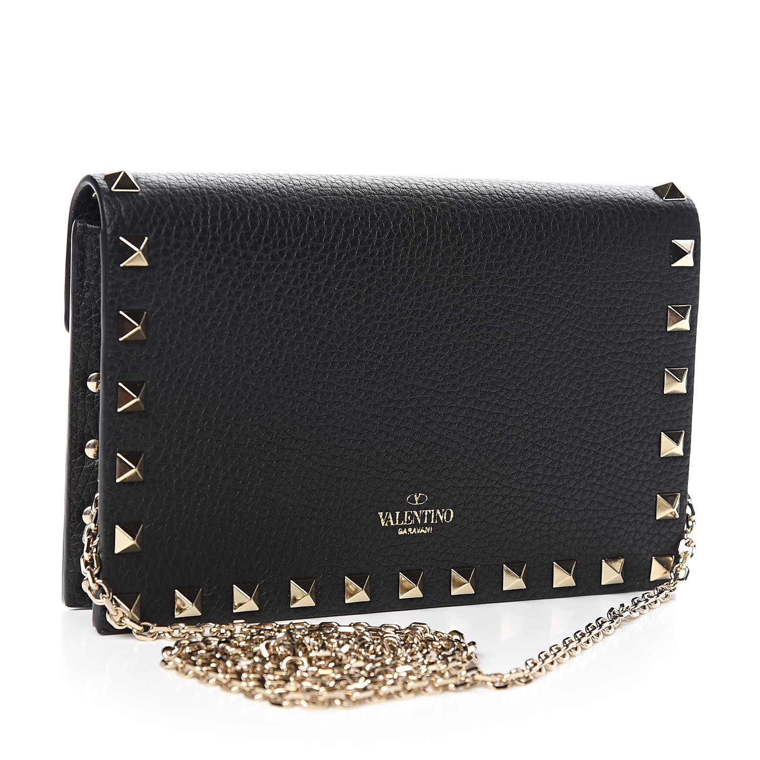 Valentino Garavani Pebbled Calfskin Rockstud Envelope Wallet on Chain Black 3 of 9