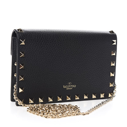 Valentino Garavani Pebbled Calfskin Rockstud Envelope Wallet on Chain Black 3 of 9