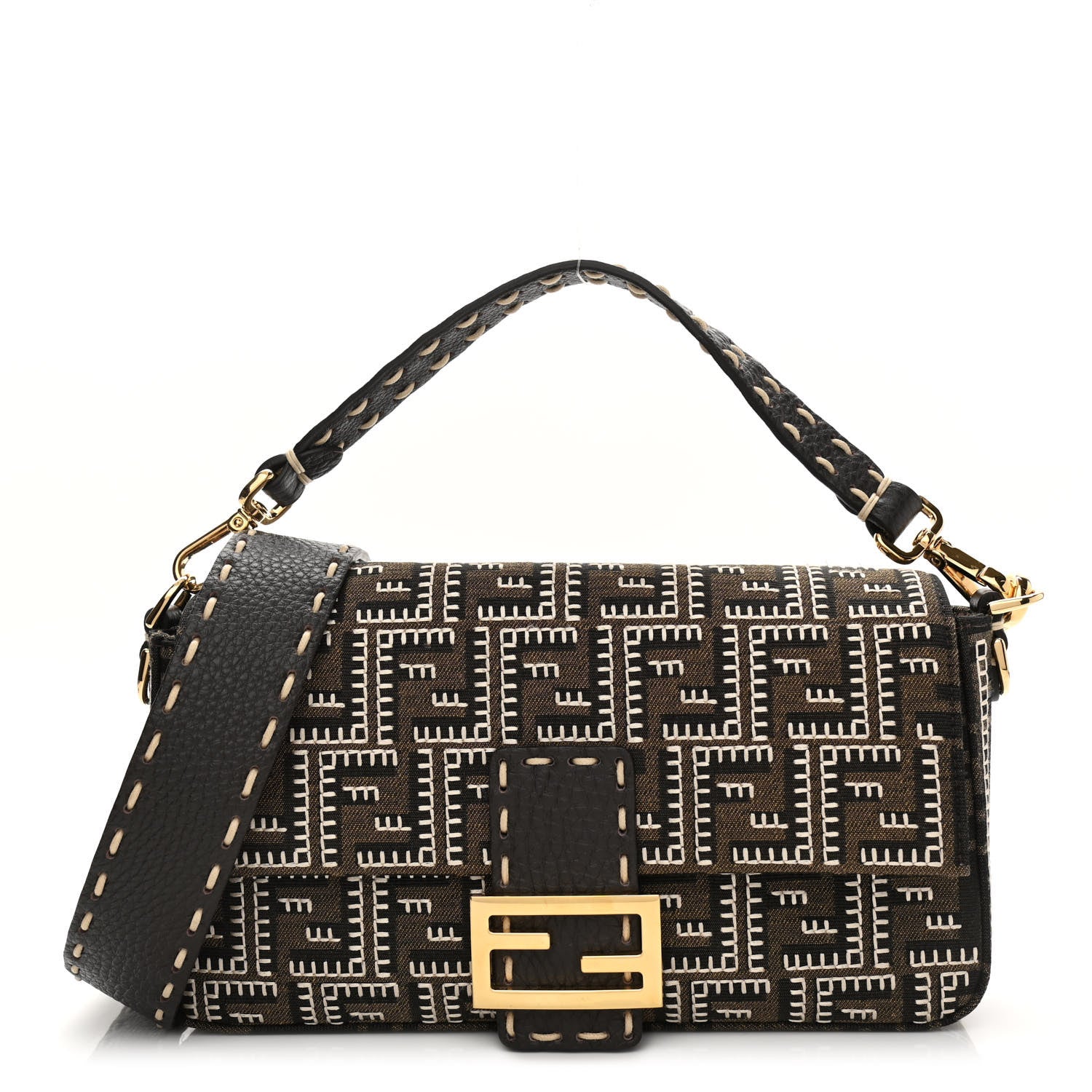 Fendi Fabric Jacquard Cuoio Romano FF 1974 Embroidered Baguette Tobacco Moro Ebano Multicolor 1 of 11