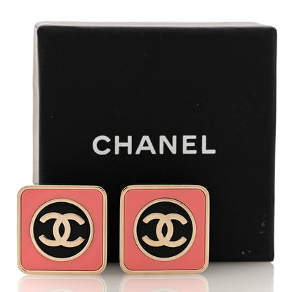 Chanel Metal Enamel CC Square Earrings Gold Pink Black 5 of 5