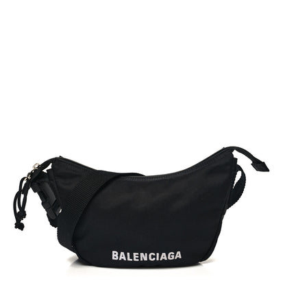 Balenciaga Recycled Sport Nylon Logo Embroidered Wheel Sling Bag Black White 1 of 9