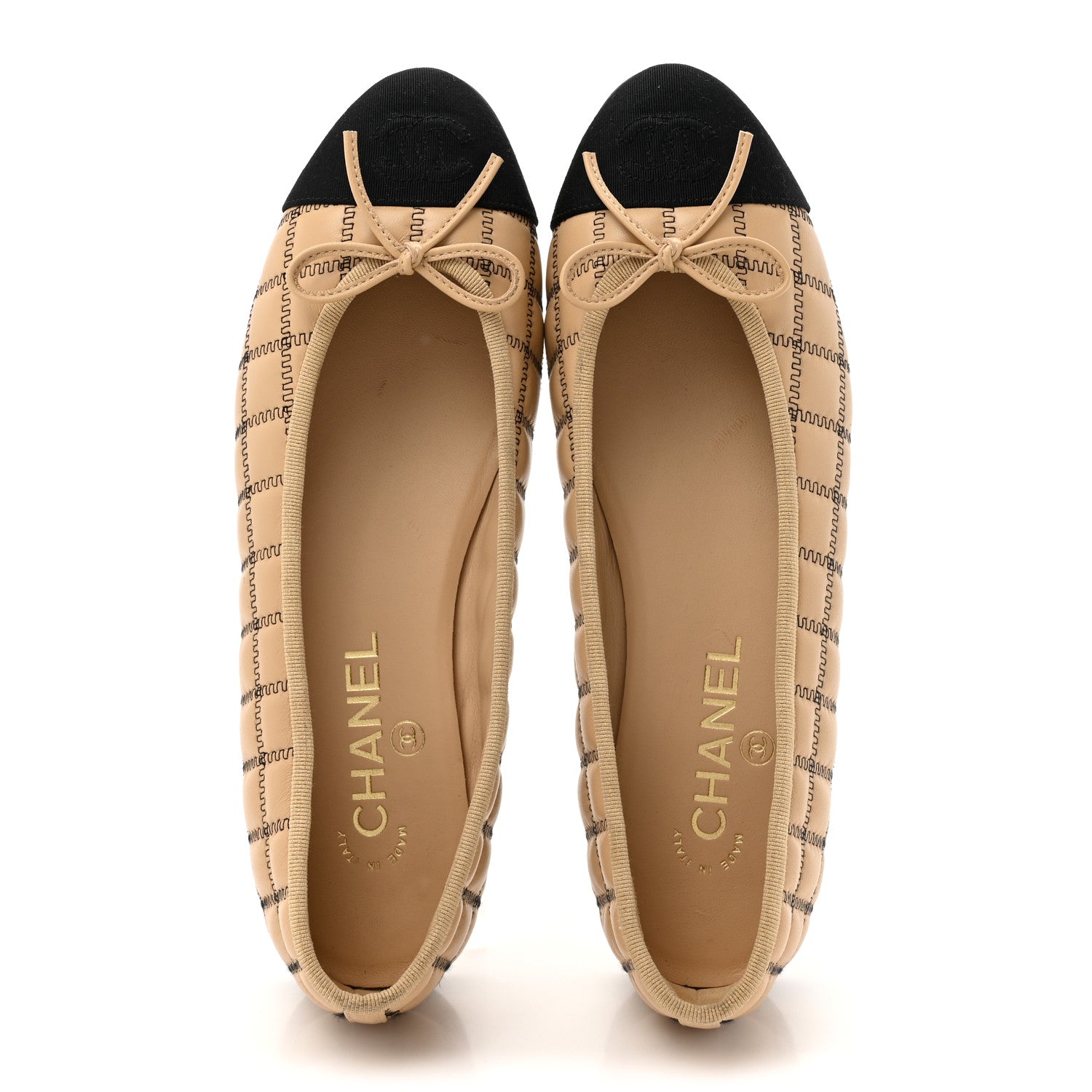 Chanel Lambskin Embroidered Quilted Cap Toe Ballerina Flats 38.5 Beige Black 2 of 9