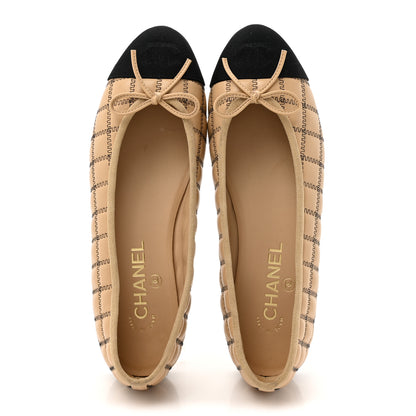 Chanel Lambskin Embroidered Quilted Cap Toe Ballerina Flats 38.5 Beige Black 2 of 9