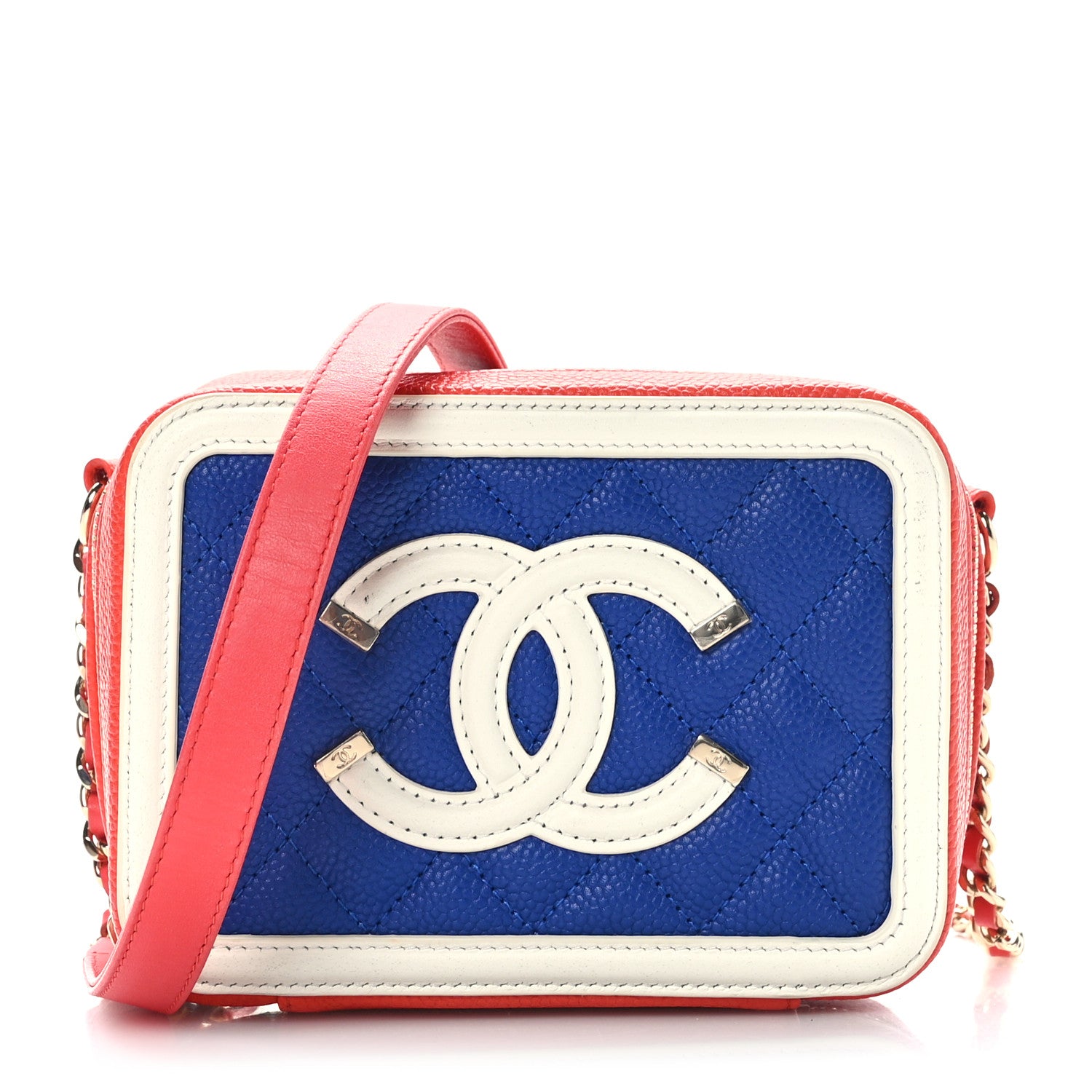 Chanel Caviar Quilted Filigree Vanity Clutch With Chain Blue White Red 1 of 9