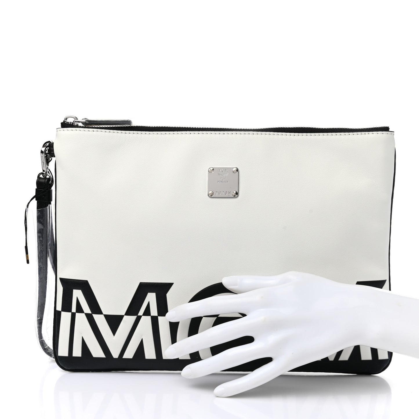 Calfskin Wristlet Logo Pouch Black White