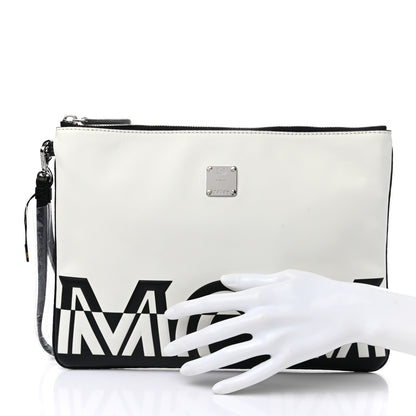 MCM Calfskin Wristlet Logo Pouch Black White 2 of 8