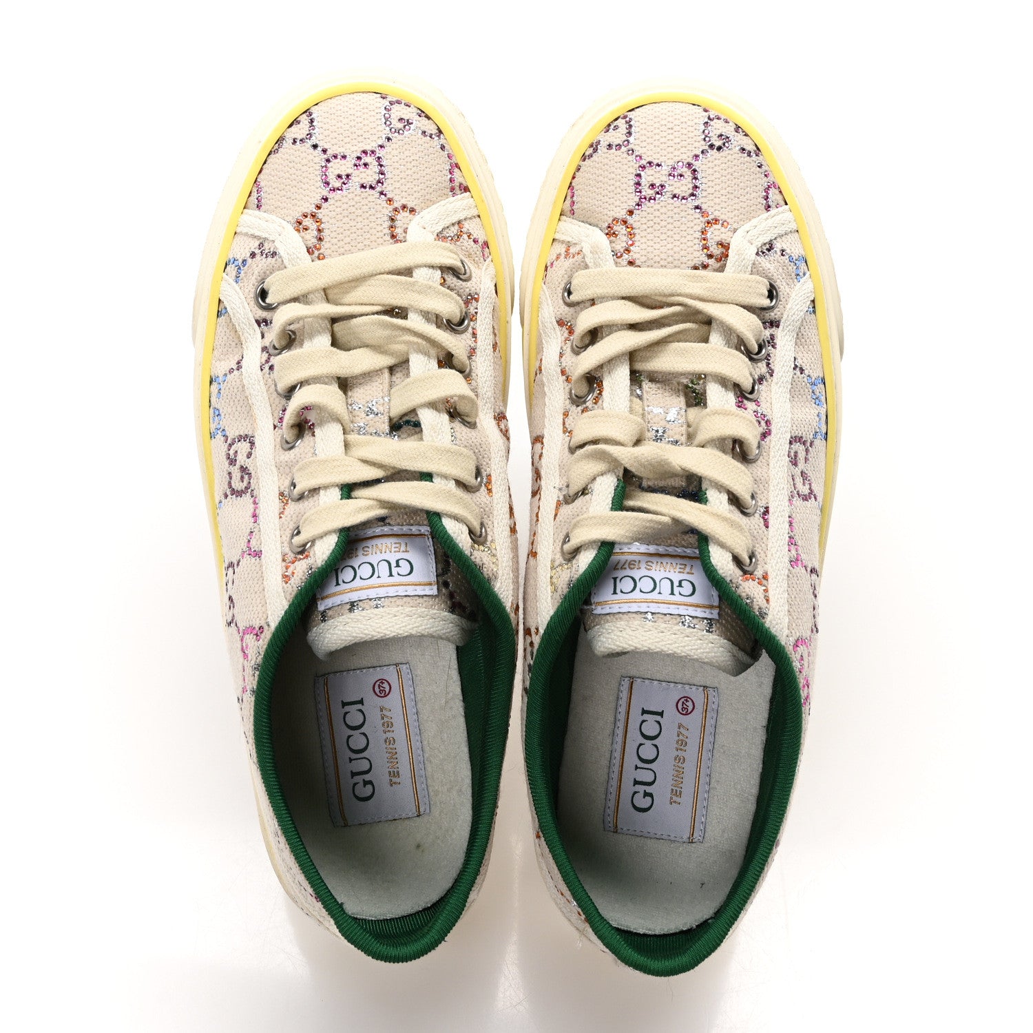 Gucci Canvas Lame Crystal GG Monogram Womens 1977 Tennis Sneakers 37.5 Gardenia Silver Mystic White 2 of 8