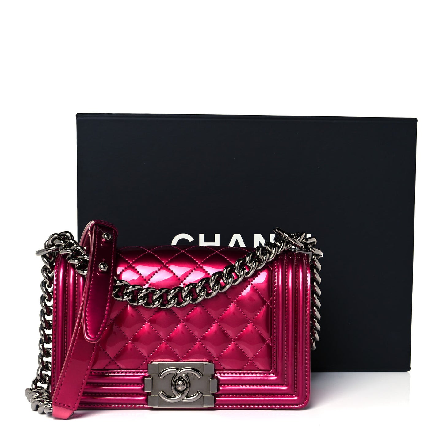Metallic Patent Calfskin Quilted Small Boy Flap Pink