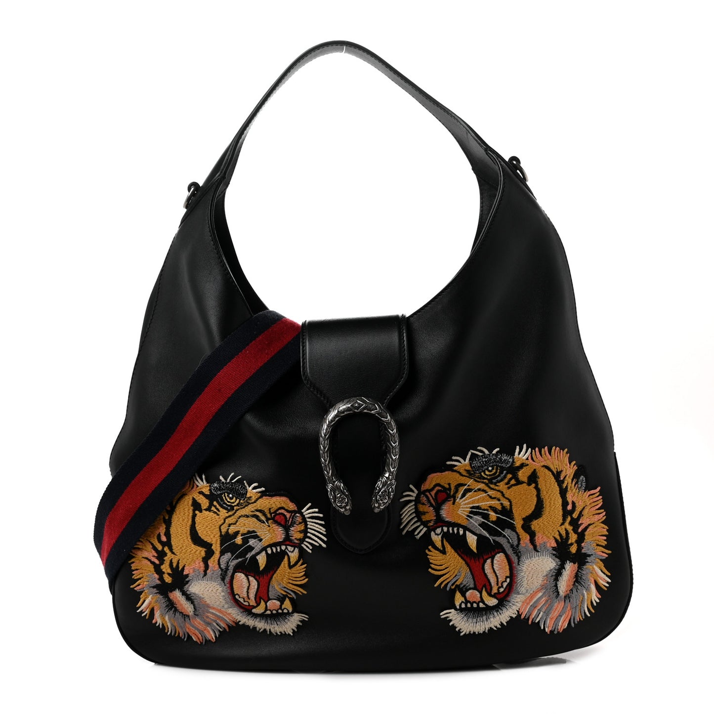 Calfskin Web Tiger Embroidered Large Dionysus Hobo Black
