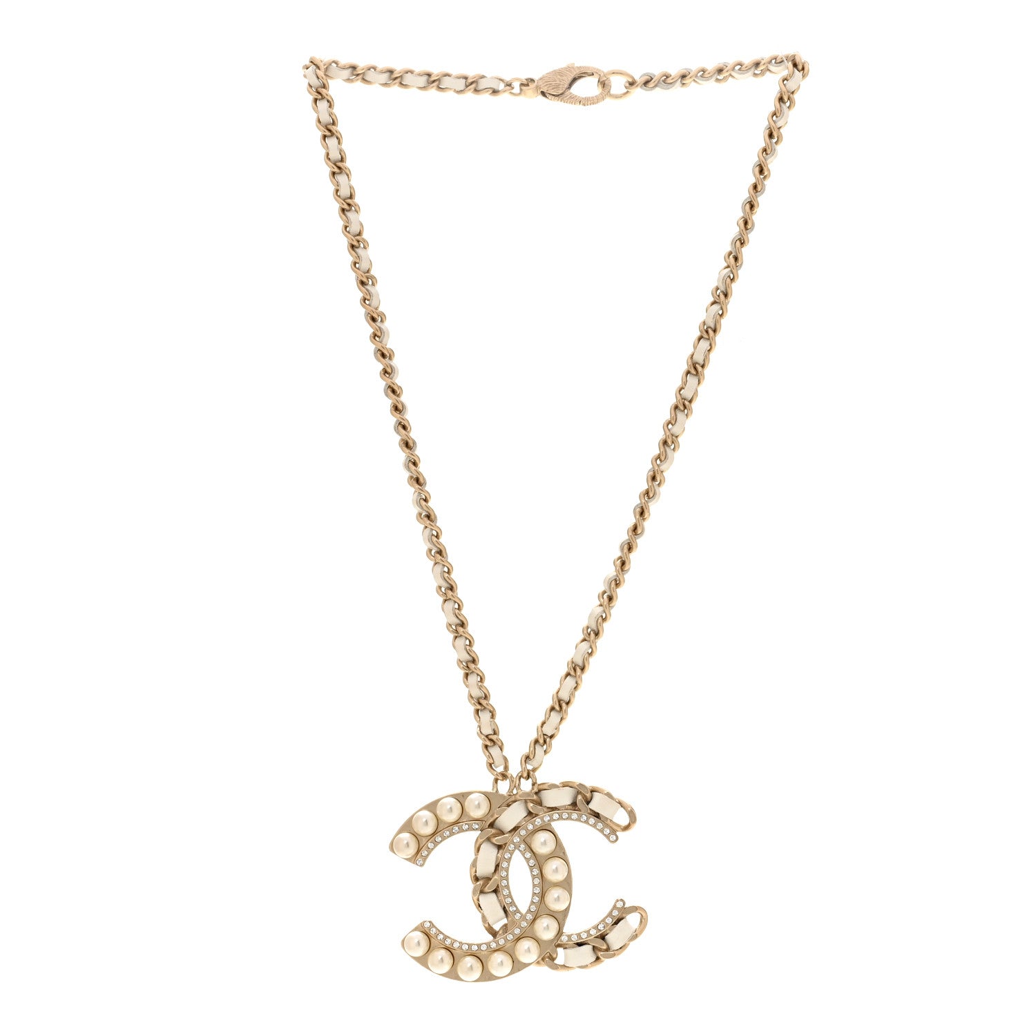Chanel Pearl Crystal Lambskin Chain CC Necklace White Gold 3 of 7