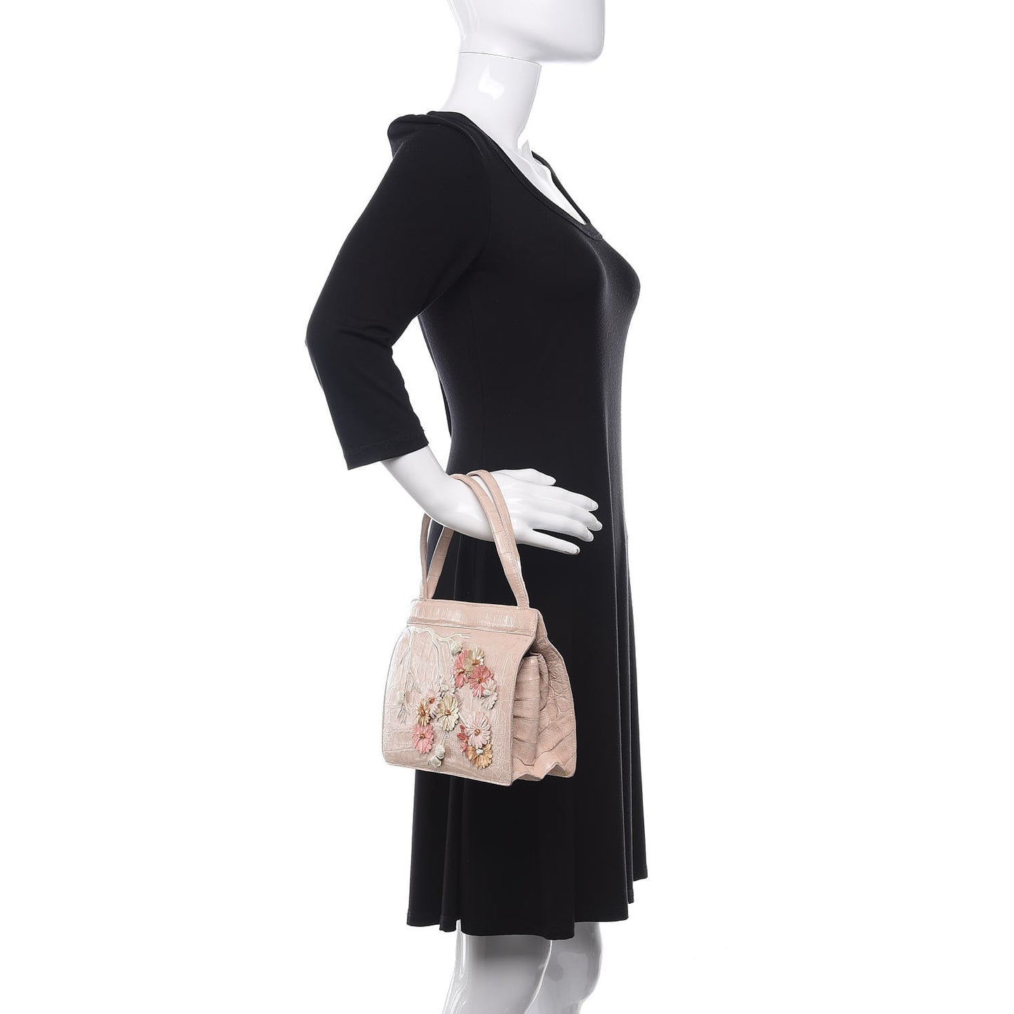 Crocodile Embroidered Floral Top Handle Bag Beige