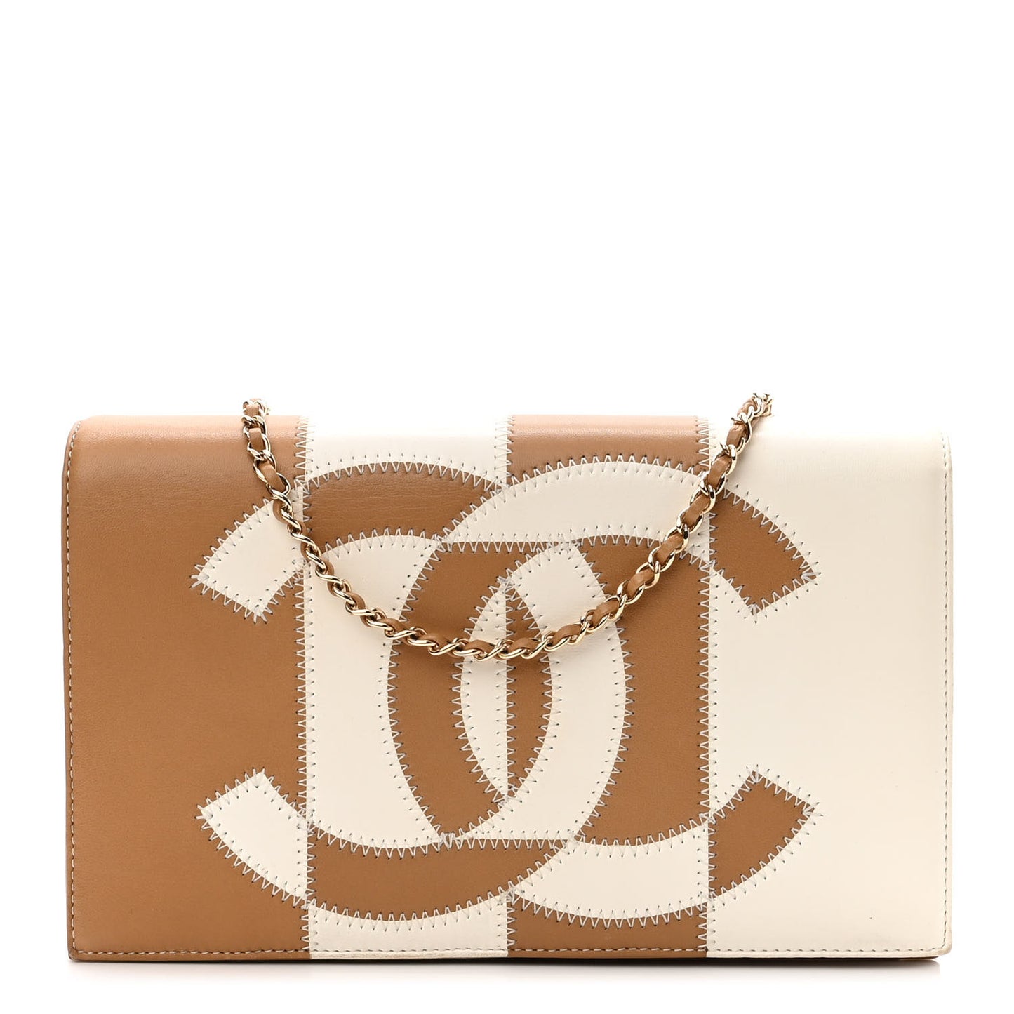 Lambskin CC Stitch Wallet On Chain WOC Beige White