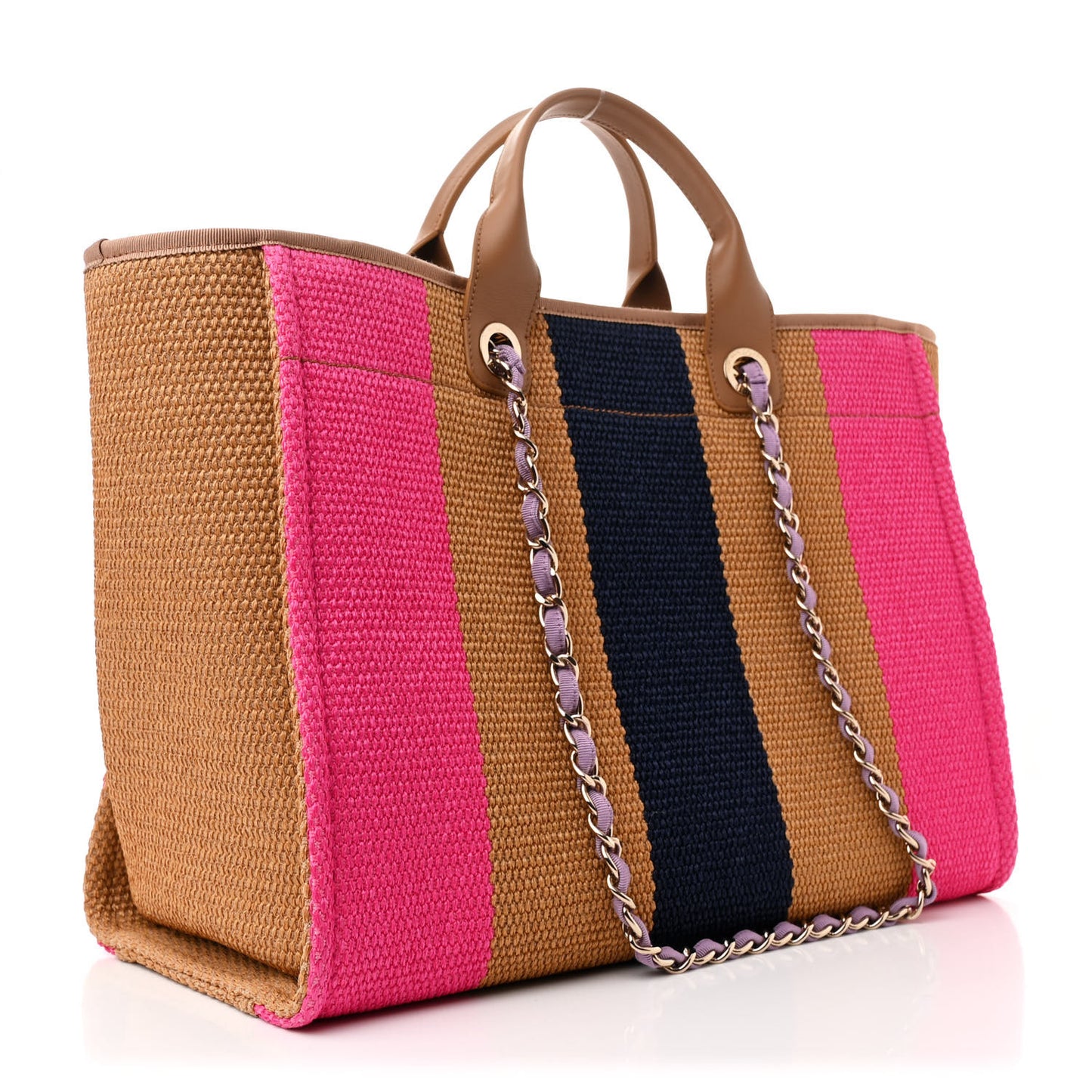 Straw Raffia Calfskin Striped Large Deauville Tote Dark Beige Fuchsia Navy Blue