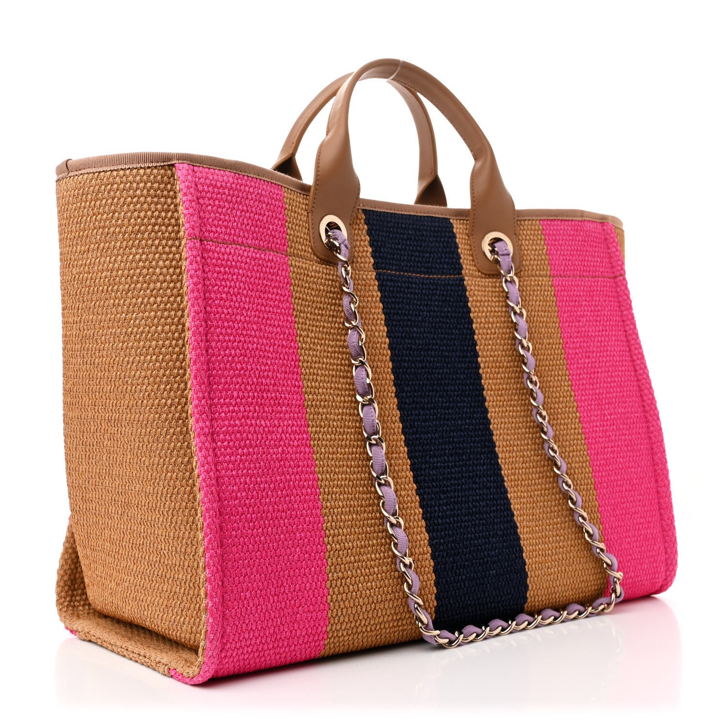 Chanel Straw Raffia Calfskin Striped Large Deauville Tote Dark Beige Fuchsia Navy Blue 3 of 12