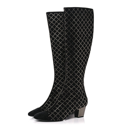 Chanel Kid Suede Strass Knee High Boots 38.5 Black 3 of 10