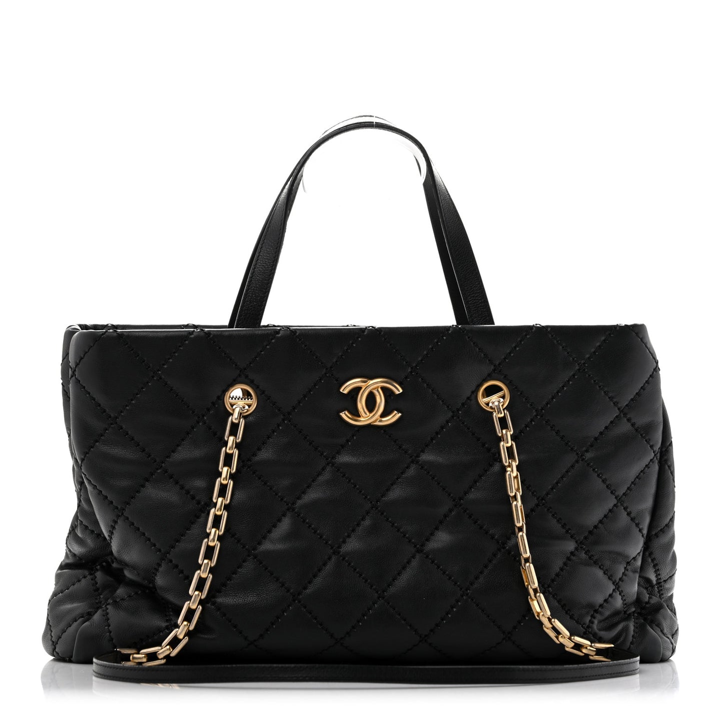 Calfskin Quilted Large Retro Chain Shopping Tote  Black