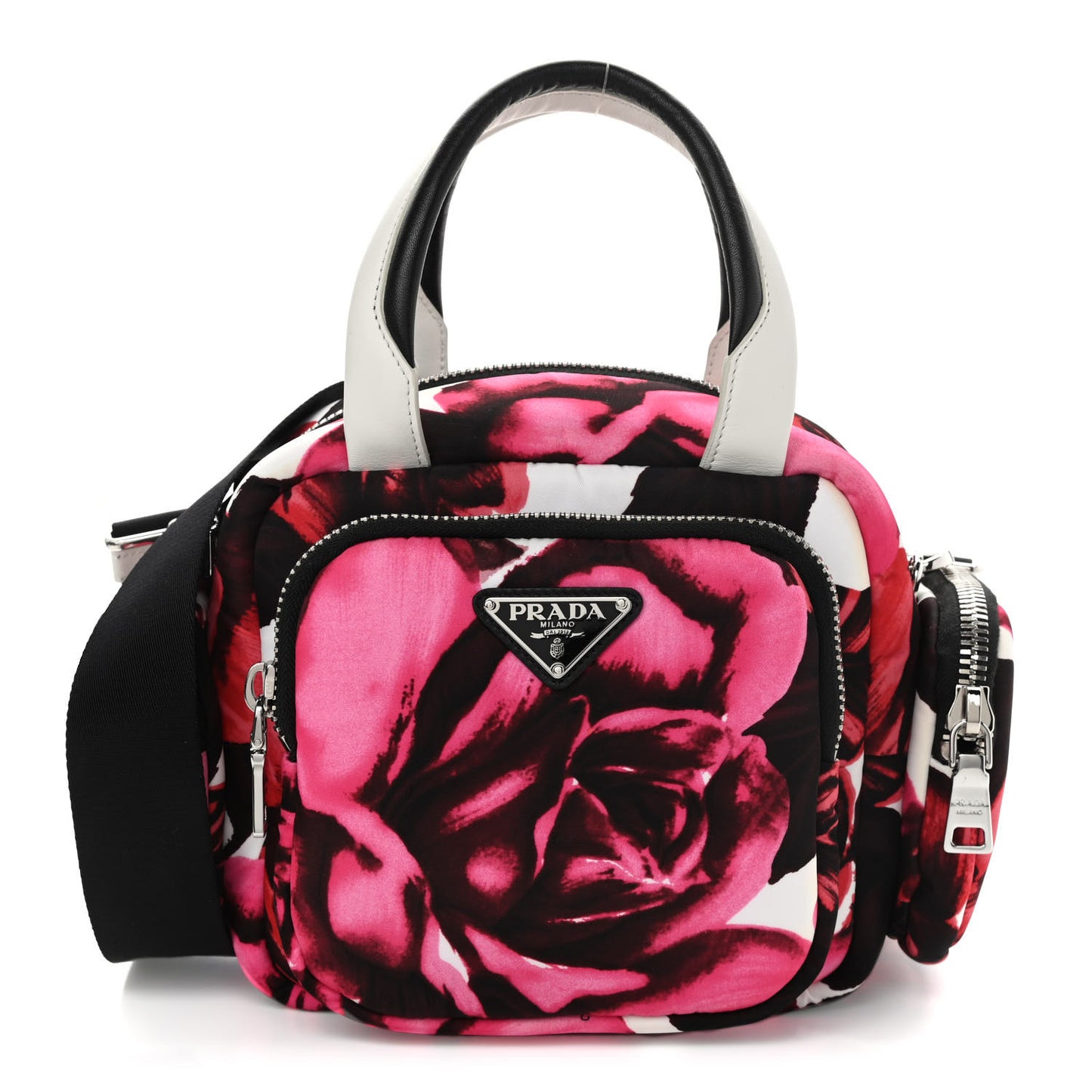 Tessuto Nylon Roses Print Pocket Top Handle Cargo Bag Pink