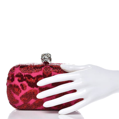 Alexander McQueen Satin Beaded Leopard Skull Box Clutch Red Pink 2 of 10