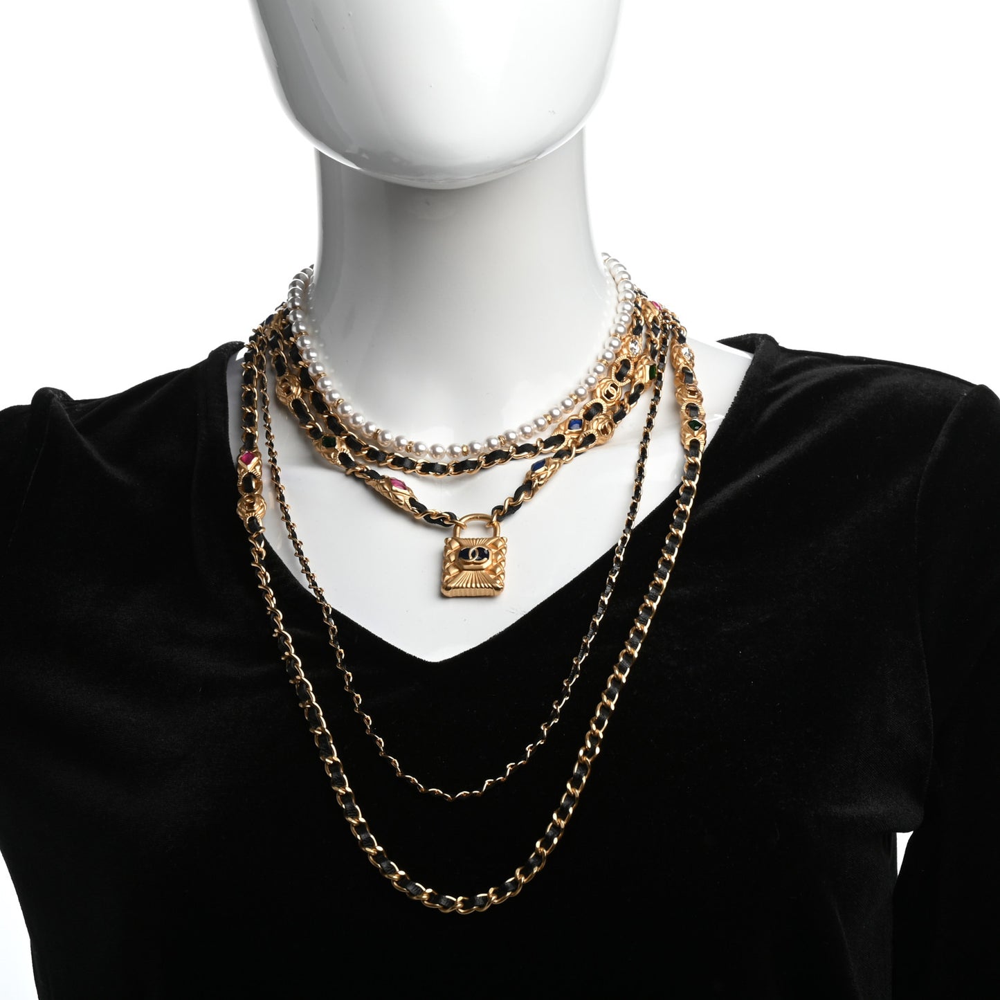 Calfskin Pearl Gripoix CC Lock Chain Necklace Black Gold Multicolor