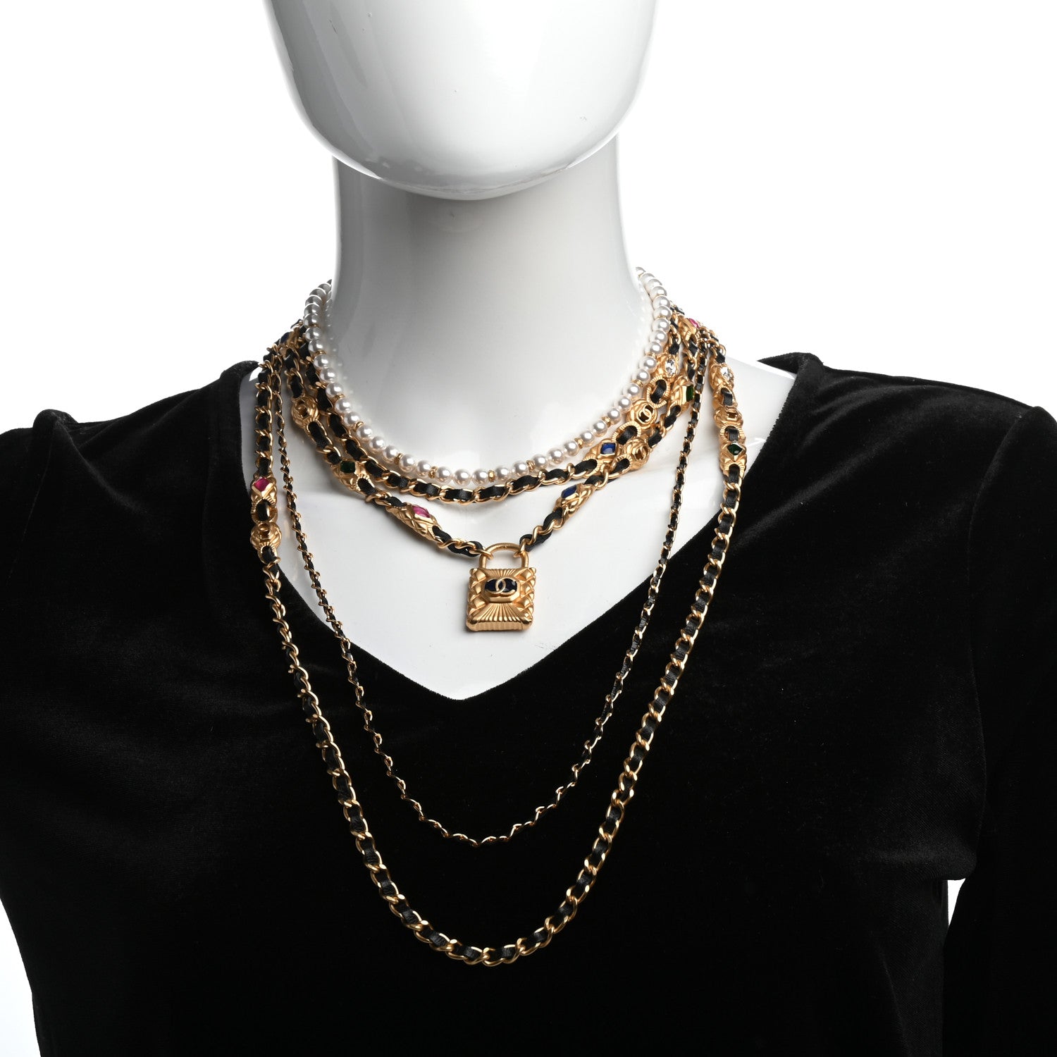 Chanel Calfskin Pearl Gripoix CC Lock Chain Necklace Black Gold Multicolor 2 of 5