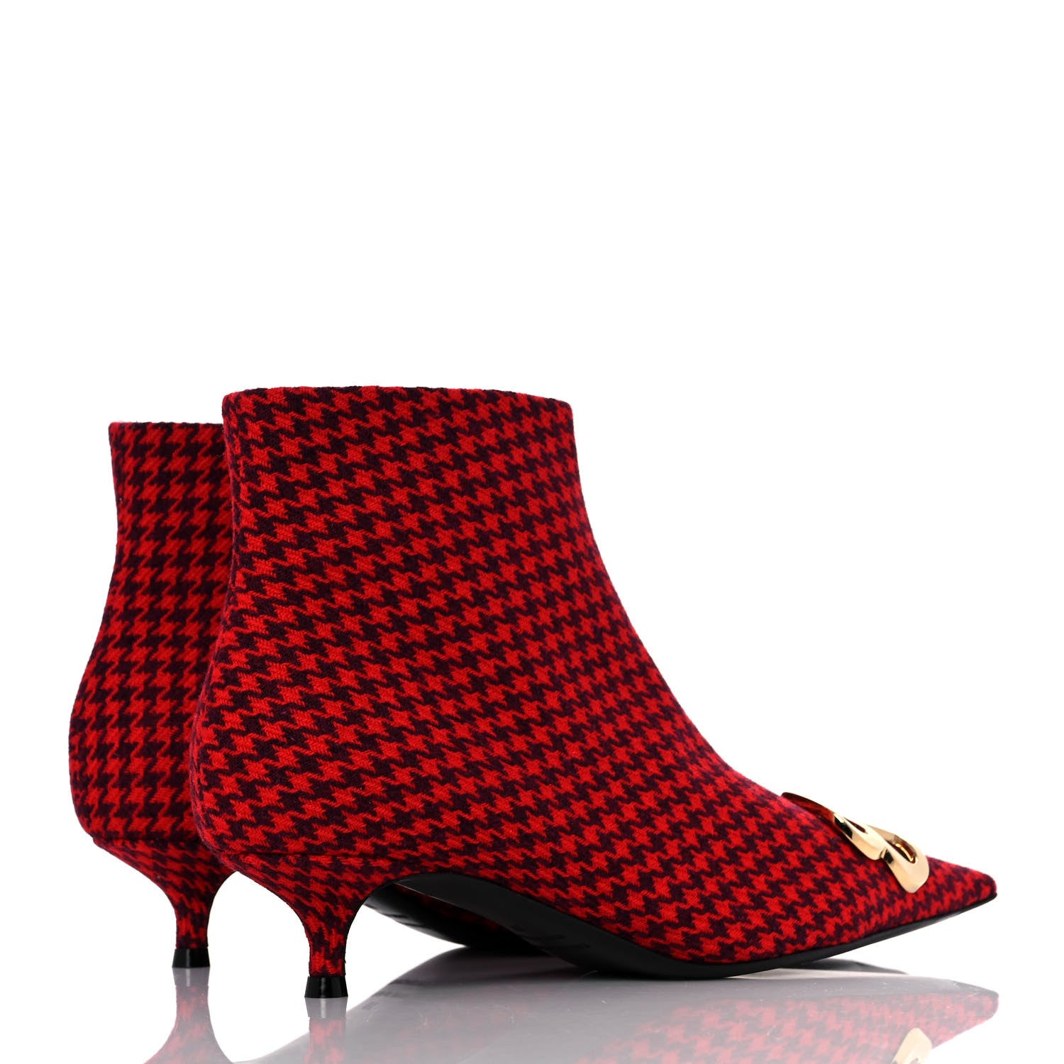 Balenciaga Wool Houndstooth BB Pointy Toe Ankle Booties 37 Red Black Gold 4 of 9