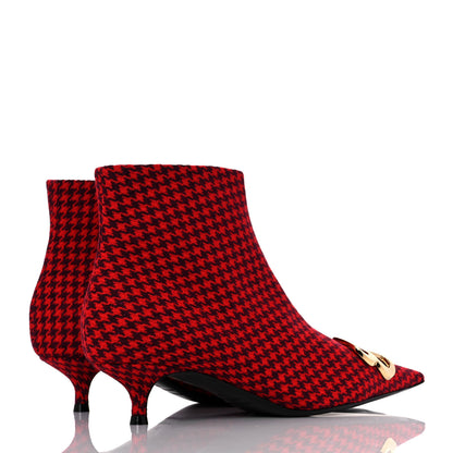 Balenciaga Wool Houndstooth BB Pointy Toe Ankle Booties 37 Red Black Gold 4 of 9