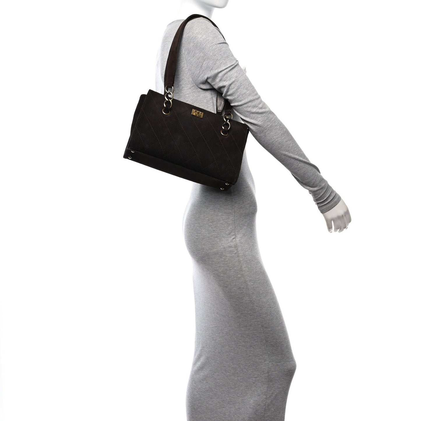 Suede Caviar Stitched CC Shoulder Bag Brown