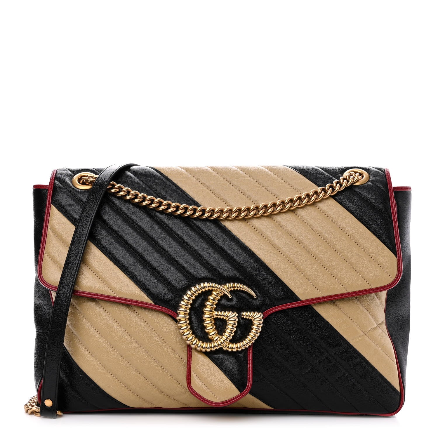 Gucci Azalea Calfskin Matelasse Diagonal Patchwork Large Torchon GG Marmont Shoulder Bag Black Beige Romantic Cerise 1 of 10