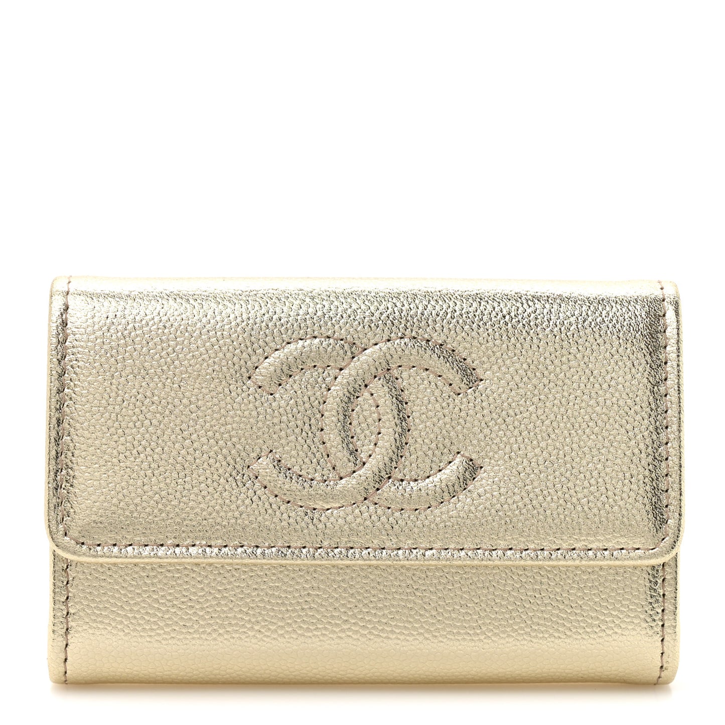Metallic Caviar Quilted CC Flap Card Holder Gold