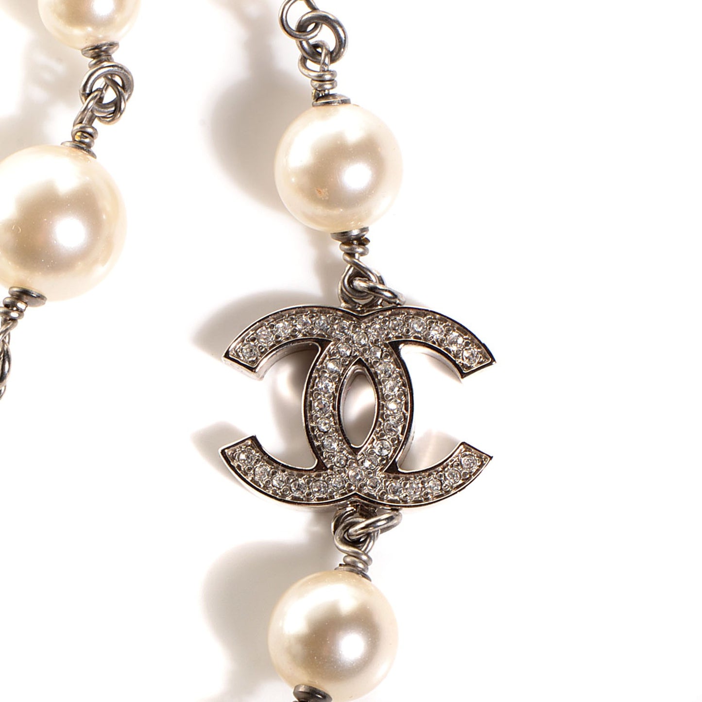 Crystal Pearl CC Long Necklace Silver