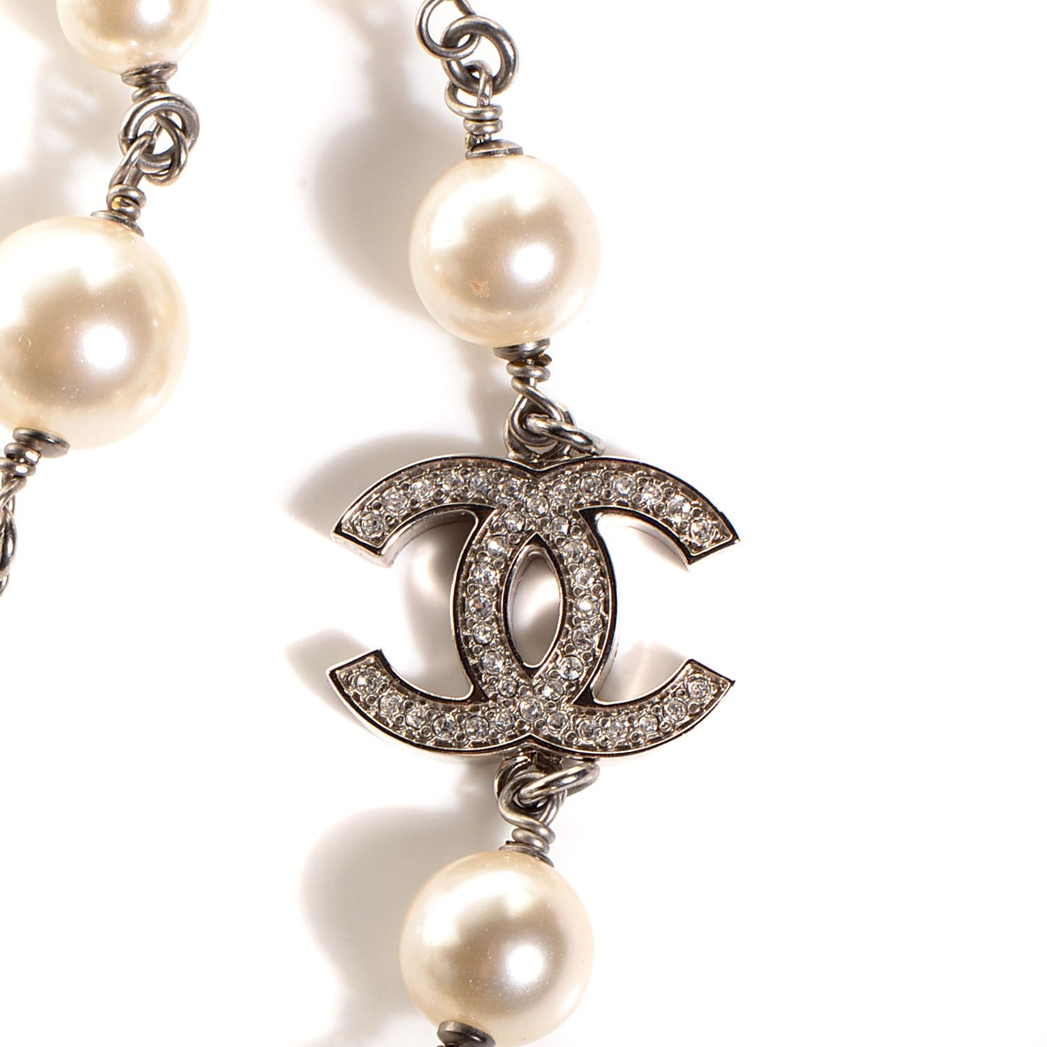 Chanel Crystal Pearl CC Long Necklace Silver 3 of 5