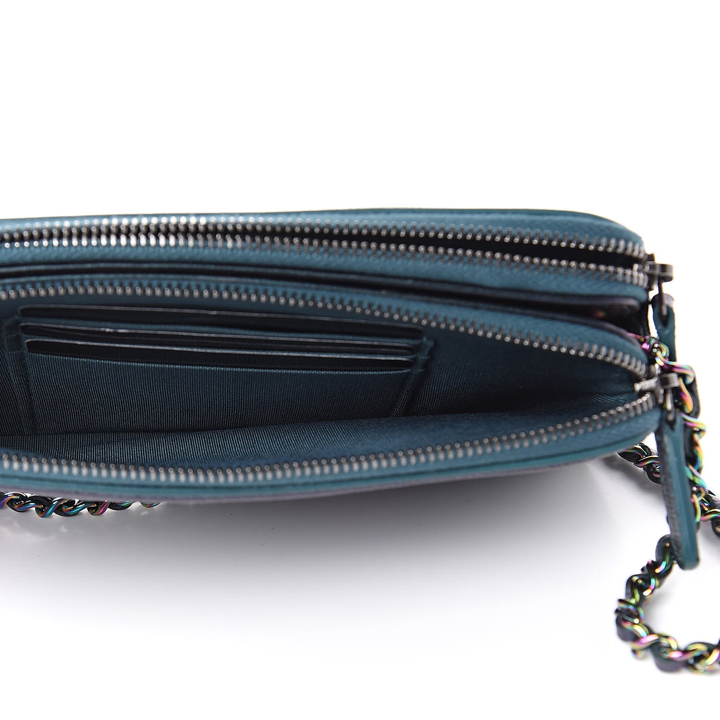 Iridescent Caviar Quilted CC Filigree Clutch With Chain Dark Turquoise