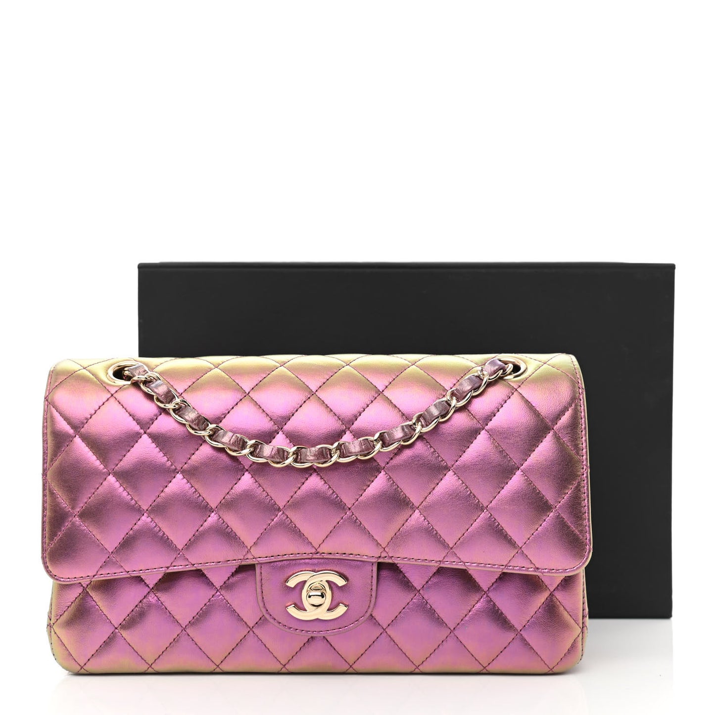 Iridescent Lambskin Quilted Medium Double Flap Purple