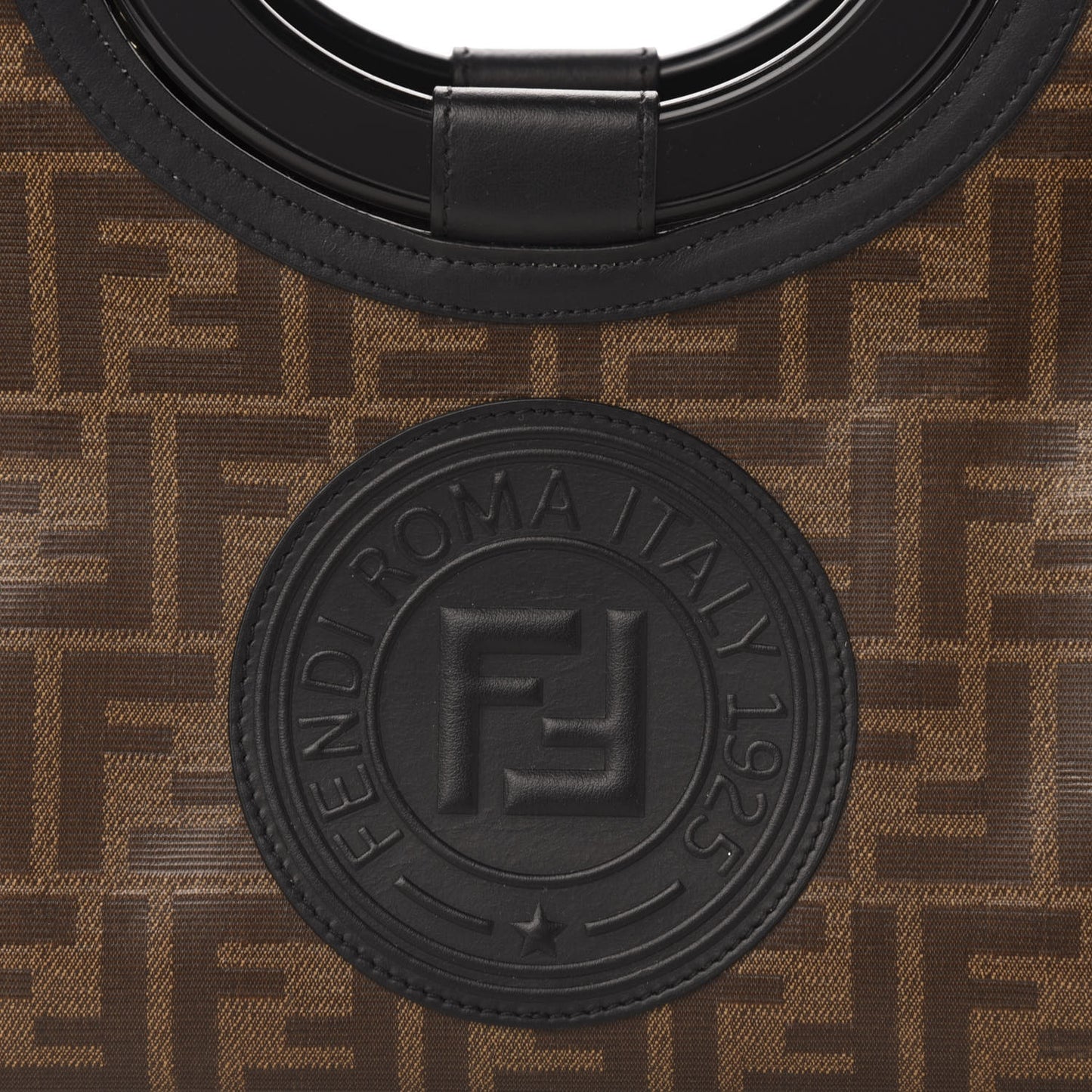 Glazed Fabric Vitello Century Plexiglass FF 1974 Stamp Patch Small Runaway Shopper Tote Mogano Panna Black