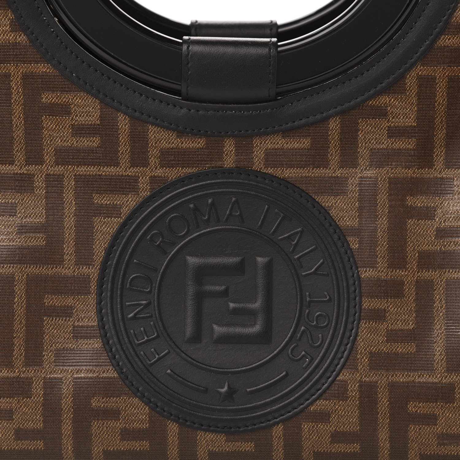 Fendi Glazed Fabric Vitello Century Plexiglass FF 1974 Stamp Patch Small Runaway Shopper Tote Mogano Panna Black 11 of 12