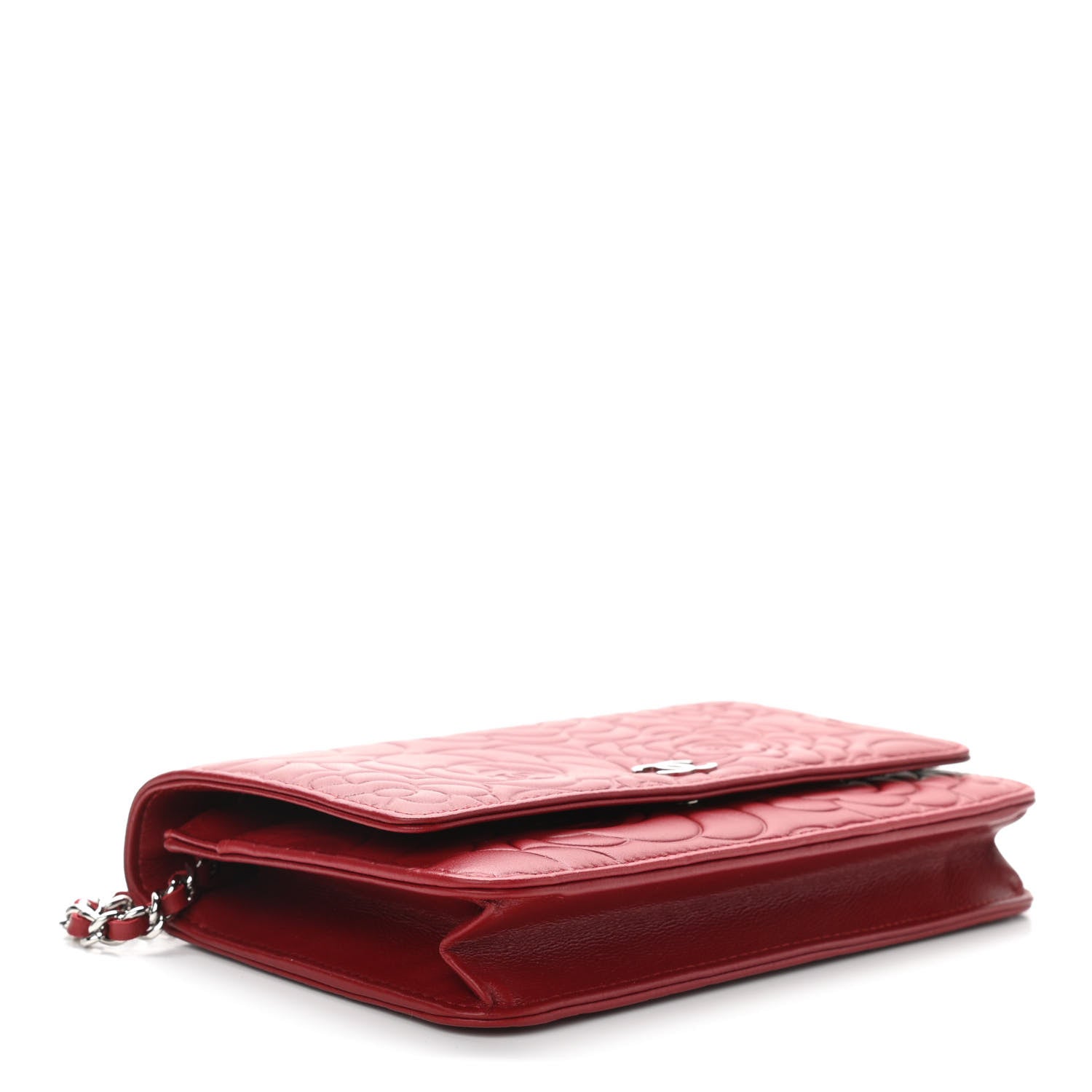 Chanel Lambskin Camellia Embossed Wallet On Chain WOC Red 4 of 12