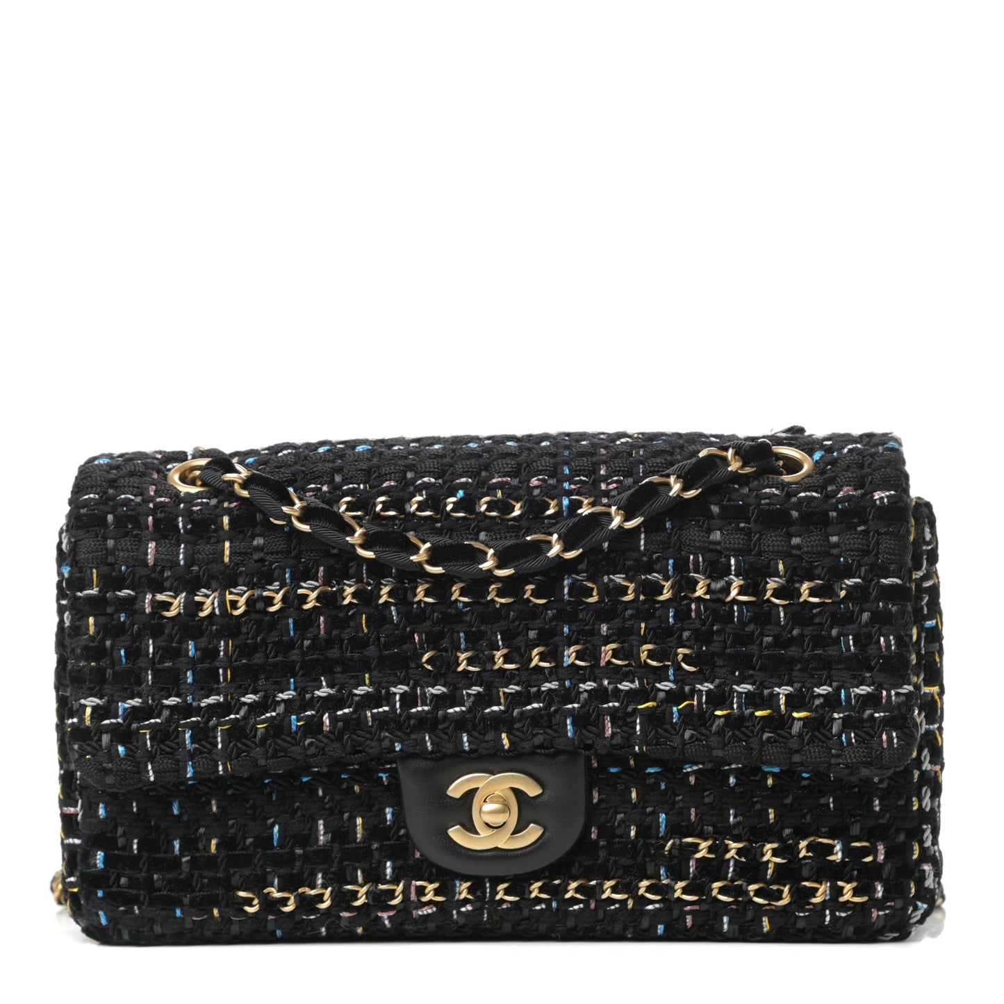 Tweed Chain Braid Medium Single Flap Black